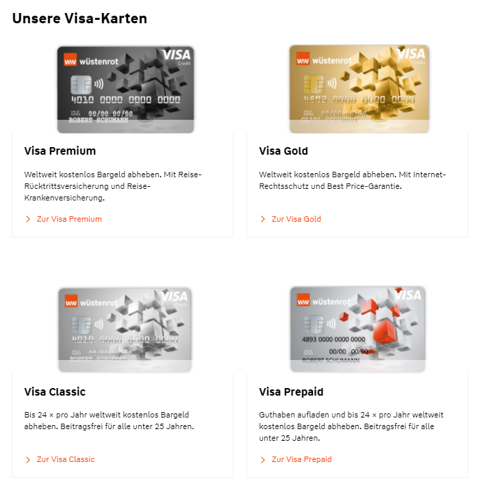 Wüstenrot VISA Kreditkarten als Classic, Gold, Premium, Prepaid Kreditkarte
